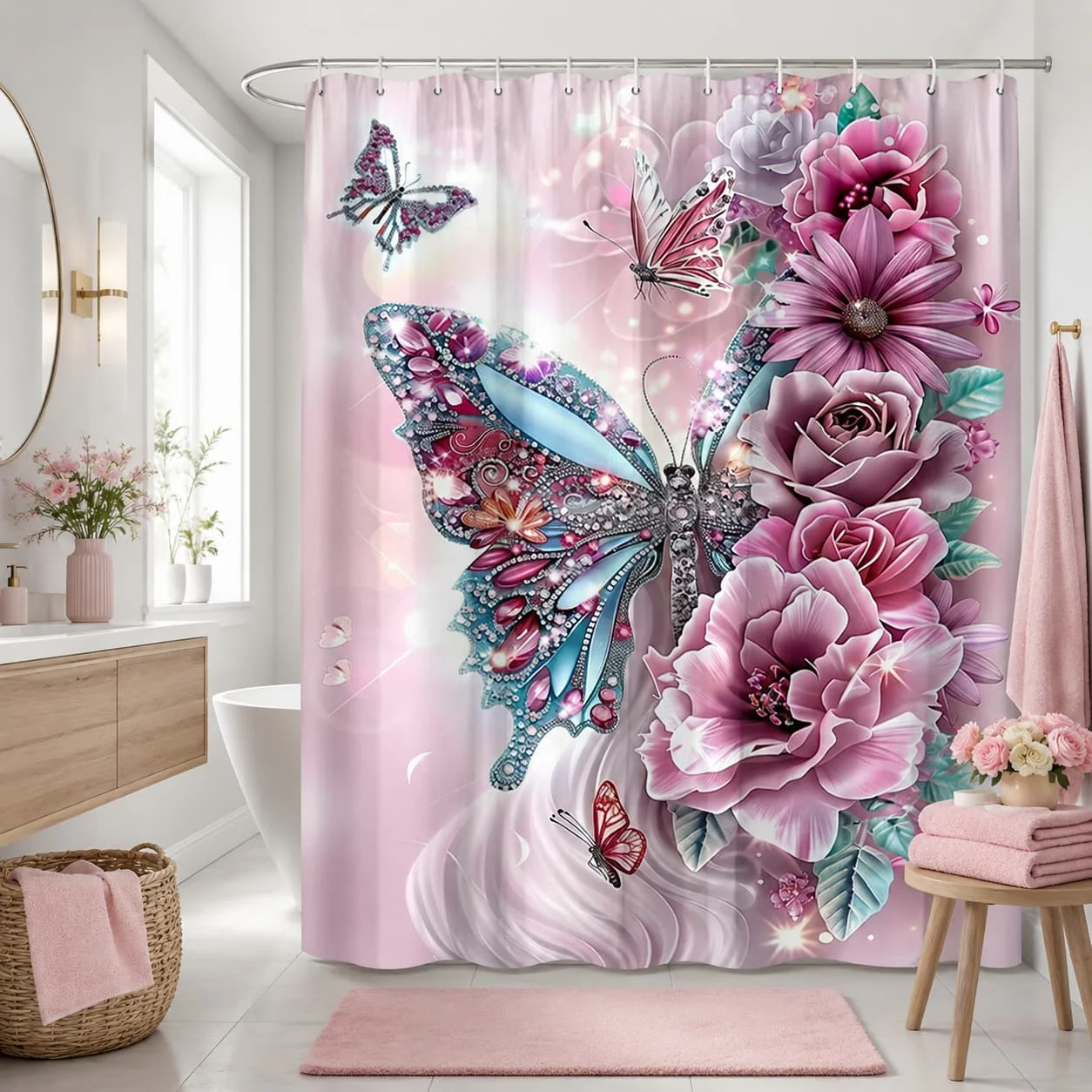 2D Flat, 2D Flat Shower Curtain, 1pc, Floral Butterfly Shower Curtain, Bathroom Decor Bathtub Partition Hanging Curtain, Includes 12 Hooks, Flower and Butterfly Design, Suitable for Elegant Home Decor, Suitable for Rooms, Homes, Hotels