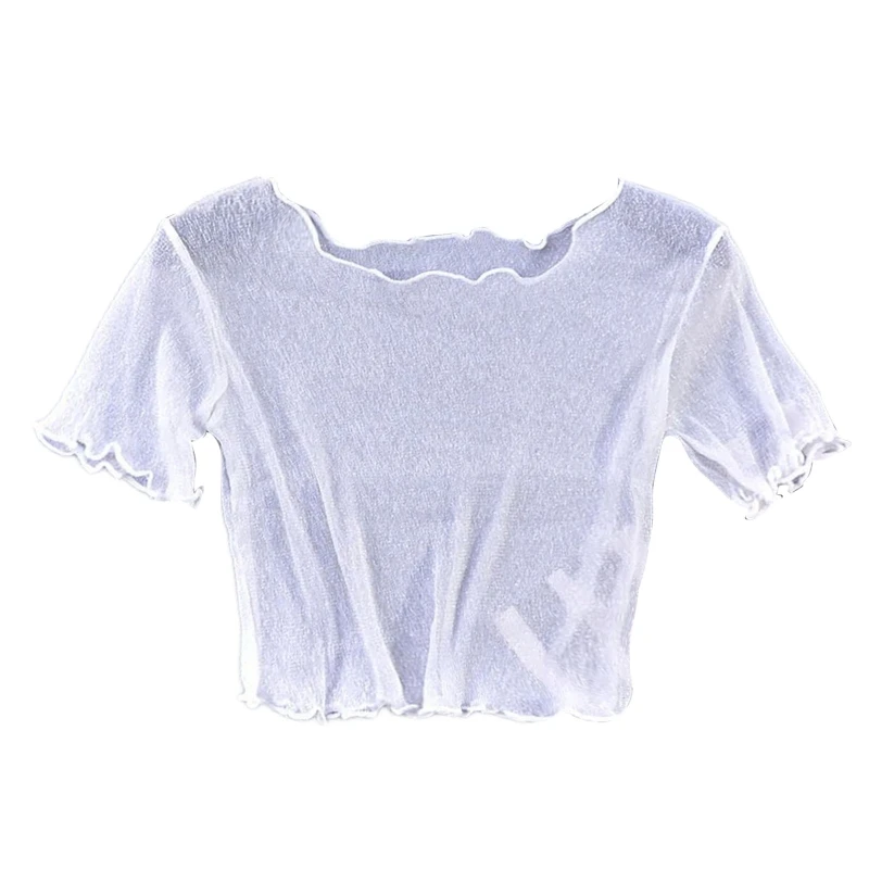 Women Short Sleeve Glitter Sheer Mesh Crop Top Solid See Through Metallic Shiny for T Shirt Blouse Party Dropship