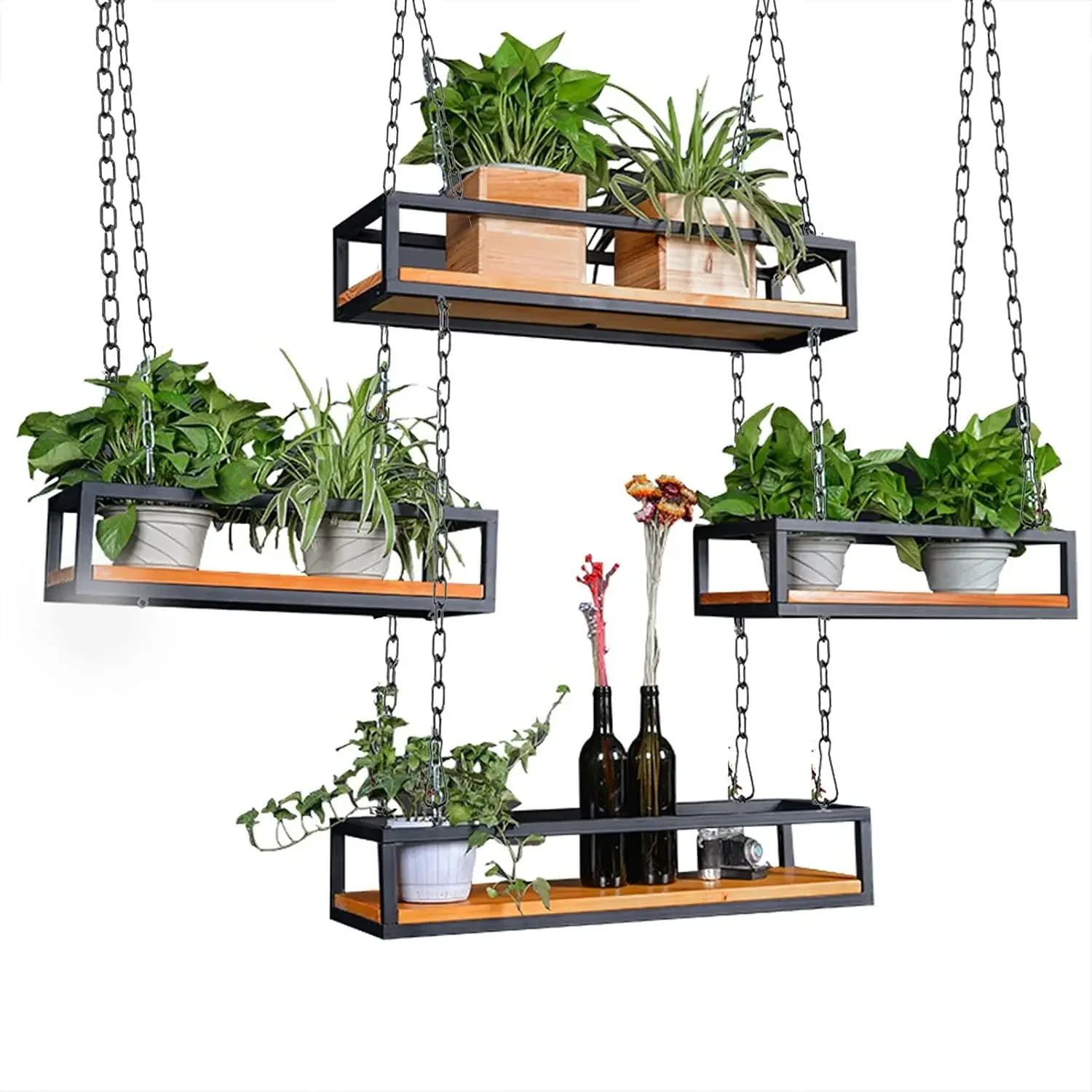 Hanging Retro Floating Flower Shelf Racking, Storage Holder & Flower Pot Display Rack- Black Iron Frame and Wood Board Hanging B