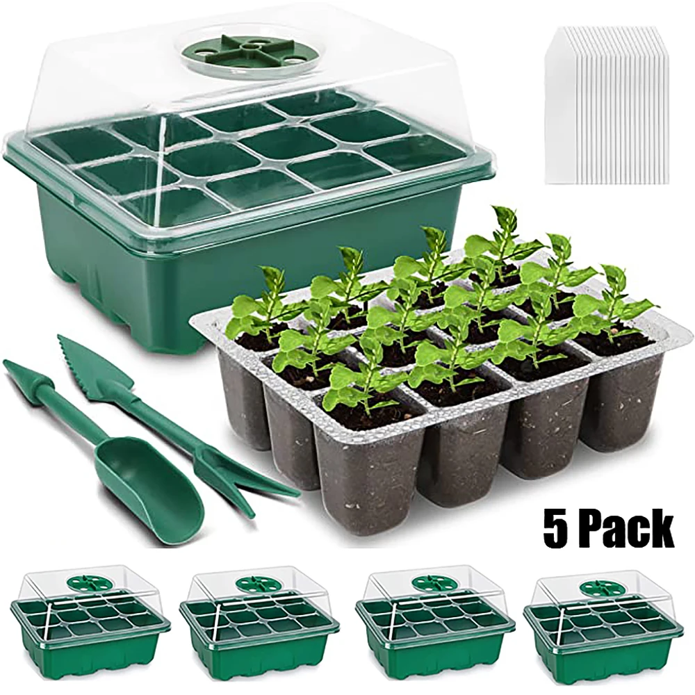 

5 Pcs Seed Starter Tray Box Nursery Pot Seedling Germination Planter 60 Cells Total Mini Greenhouse Seeds Breath Freely Box