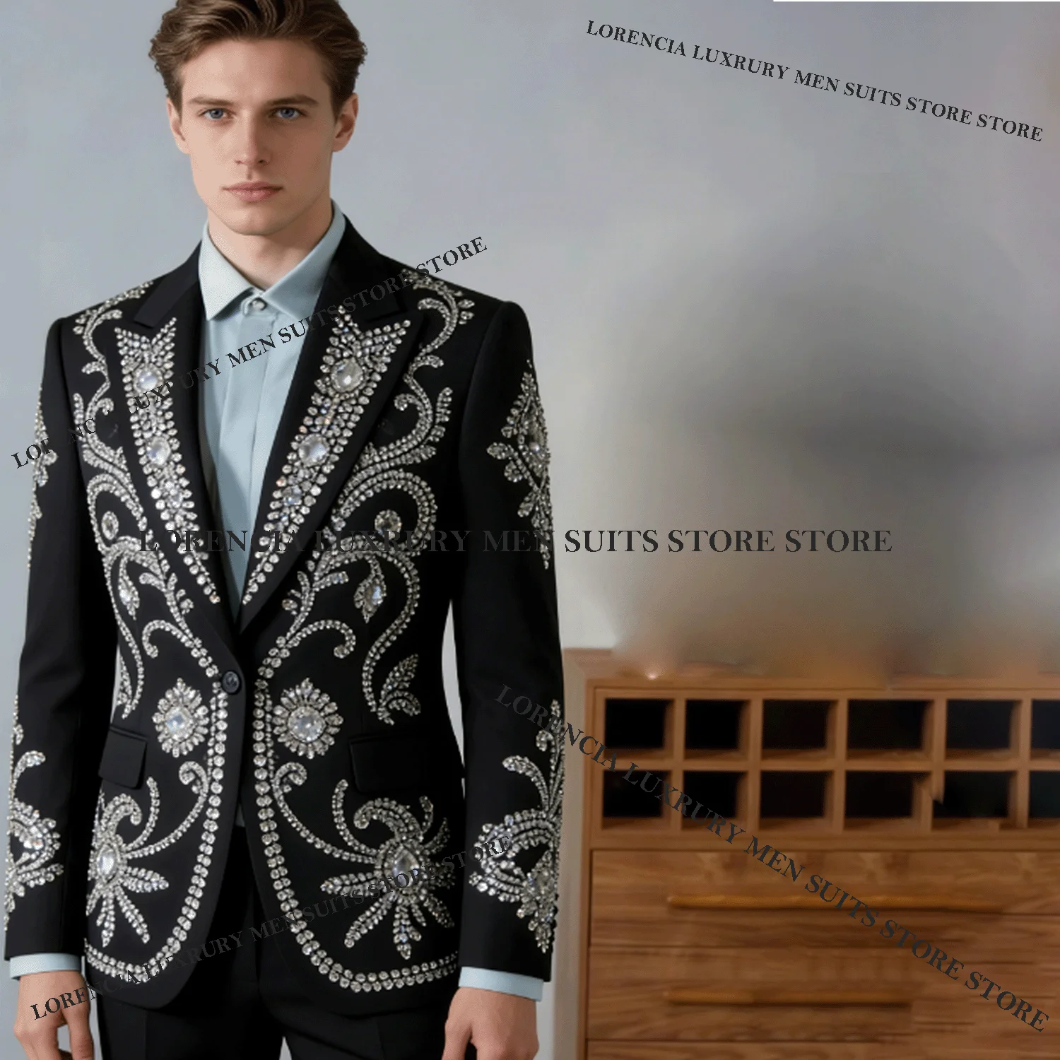 

Customized Sparkly Crystal Men Suit Intricate Jewelry Paillette Wedding Tuxedos Slim Ropa hombre 2 Pieces Sets Groom Male Blaze