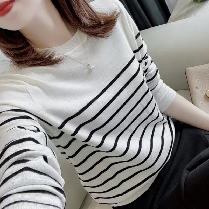 

Classic Outlet Stripe round Ne Long Sve Wool Knitted Sweater for Women Agel Faion Soft Rabbit Fur Blend Knitwear