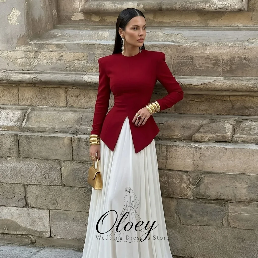 OLOEY Elegant Contrast Color Chiffon A-Line Evening Gown Dress O-Neck Long Sleeve Reception Dress Formal Party Dress Customized