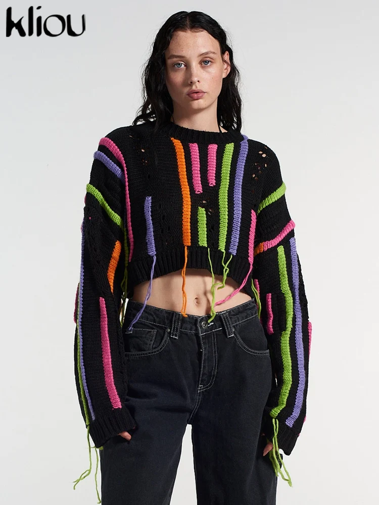 Kliou Knitted Tassel Patchwork Sweater Women Winter Loose Colorful Striped Full Sleeve Bare Midriff Unique Panelled Croped Tops