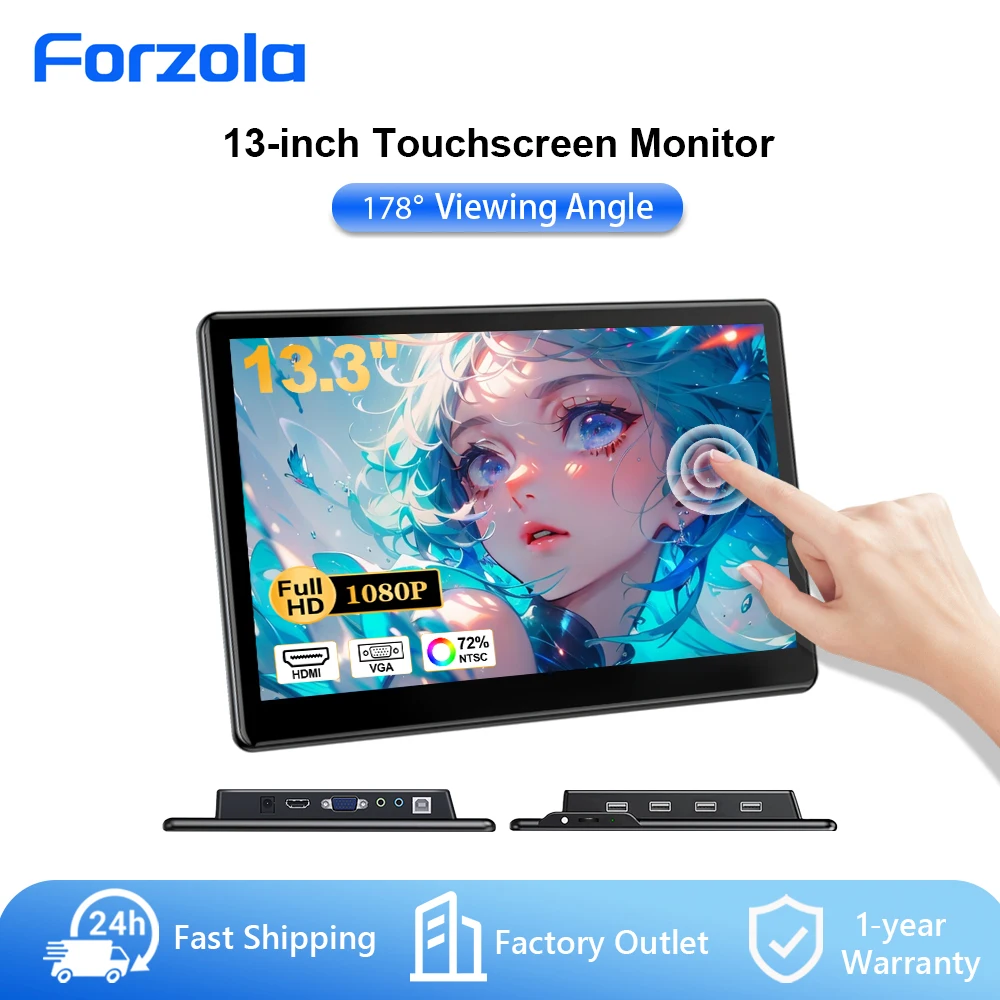 FORZOLA 13.3 inch Touchscreen Portable Monitor 1920x1080p HDMI VGA Port Display IPS Laptop Second Screen For PC Mac CCTV Cam PS5