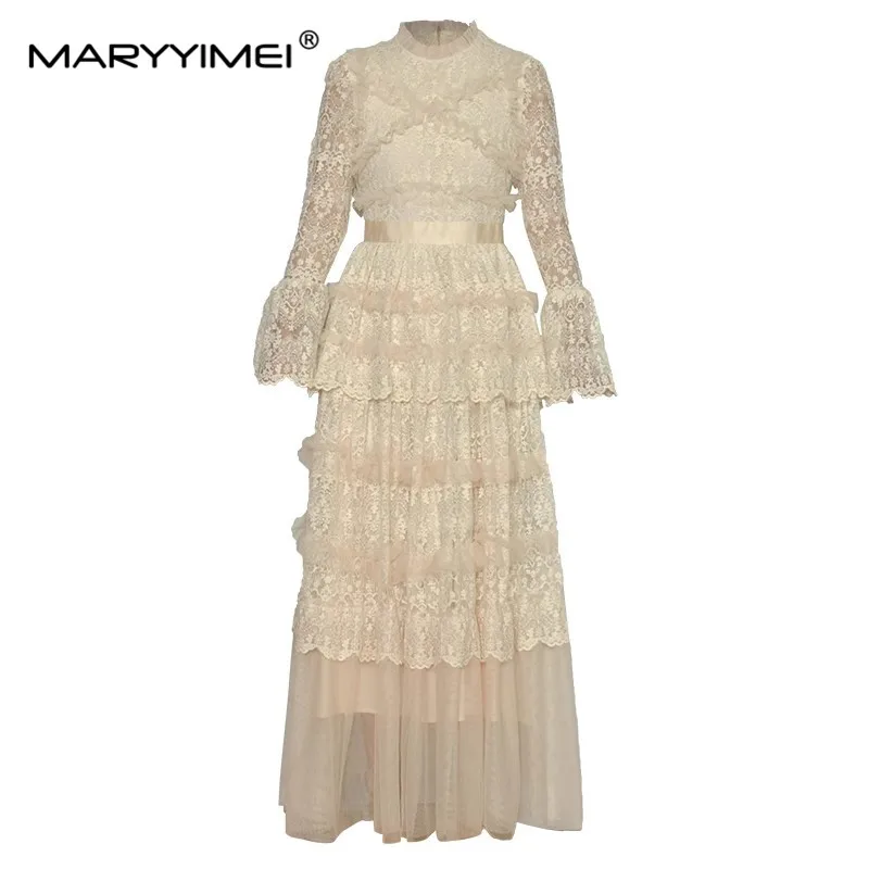 MARYYIMEI Fashion Designer Spring Women's Cake dress Long sleeved Flower embroidery Tiered ruffles Slim Elegant Maxi Dresses