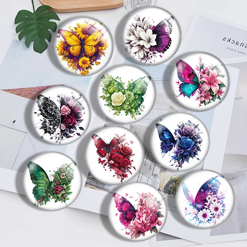 Butterfly Rose Flower  12mm/18mm/20mm/25mm Round Photo Glass Cabochon Demo Flat Back Making Findings
