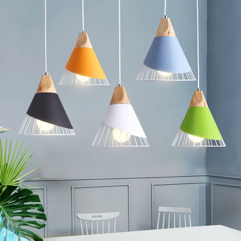 Modern Simplicity Macaroon Color Restaurant Board Chandelier Nordic Living Room Bedroom Home Decor Pendant Lamp Wood Iron LED