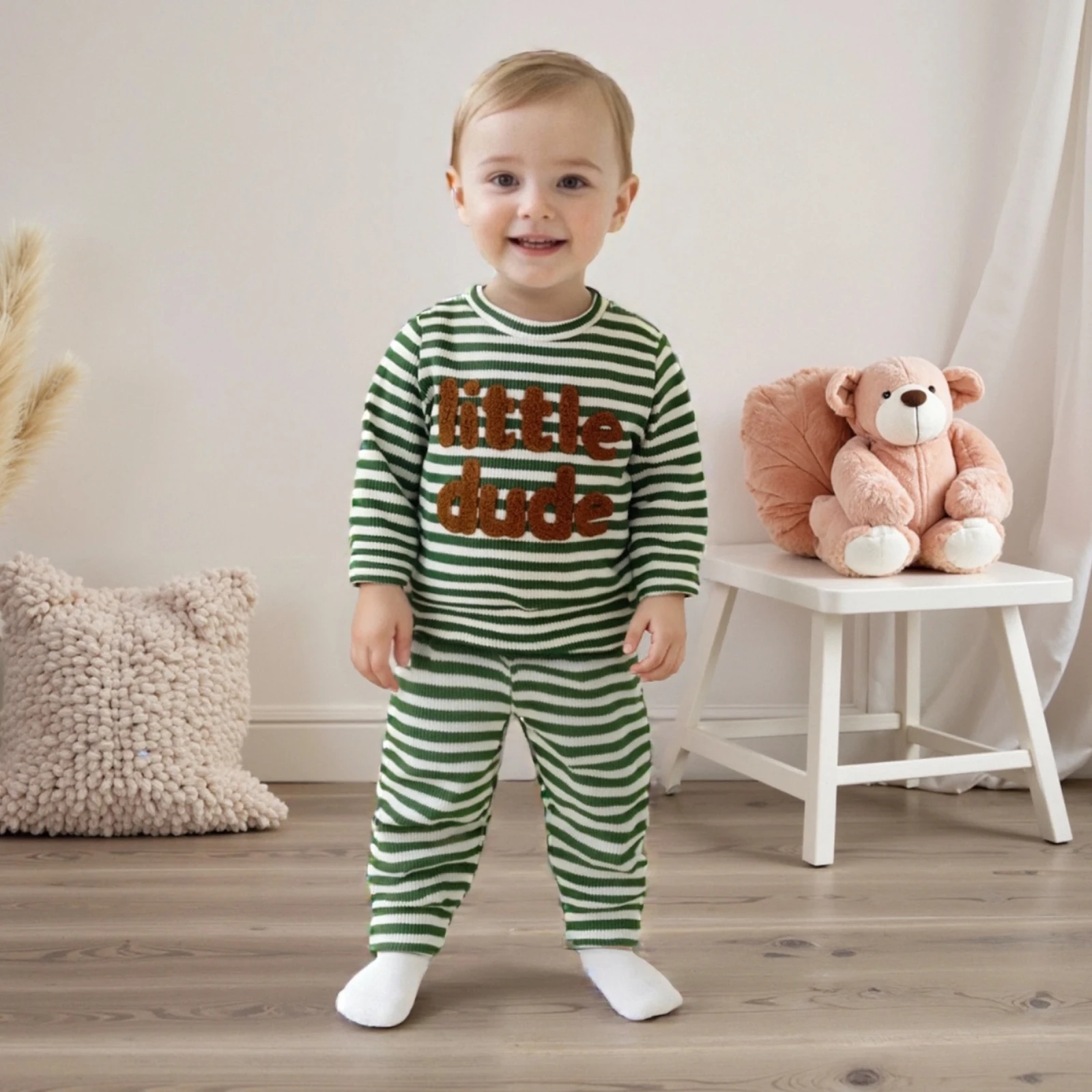 

Осенняя одежда для малышей, вафельный наряд для мальчиков, полосатый свитшот с длинными рукавами и эластичными штанами с вышивкой букв, комплект одежды