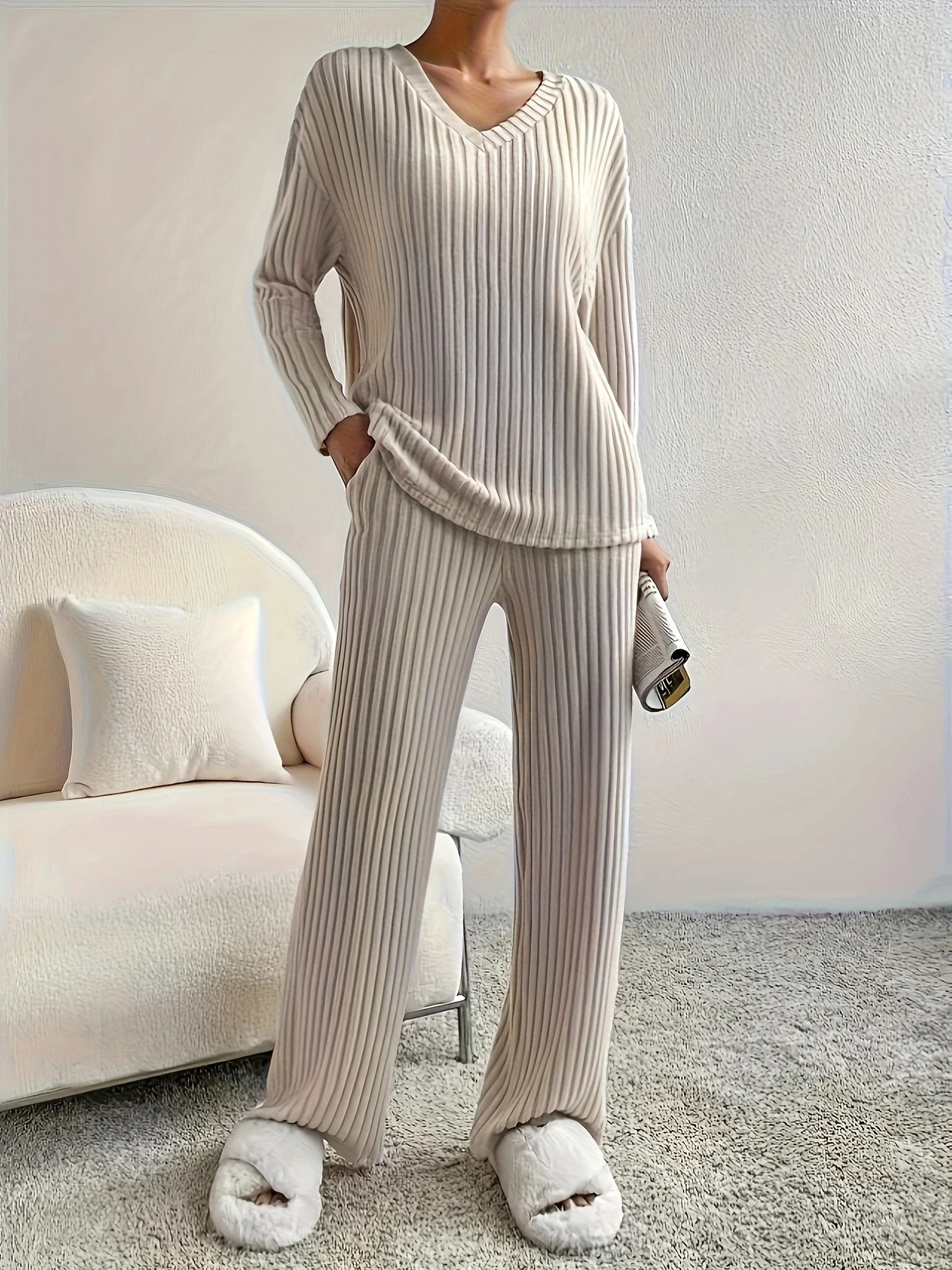 Jesień Zima Luźny Casualowy V Neck Pit Stripe Dzianinowy Zestaw Moda Solidny Długi Rękaw Top Proste Spodnie Tube Dwuczęściowy Zestaw