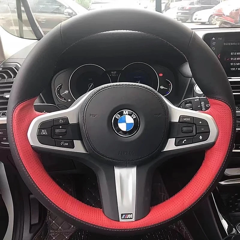 

For BMW M Sport G30 G31 G32 G20 G21 G14 G15 G16 X3 X4 Hand-stitched black Genuine Leather Non-slip Car Steering Wheel Cover