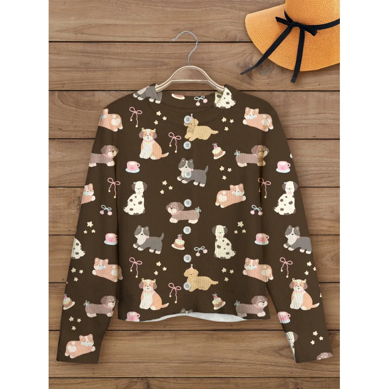 

Cartoon Dog on Brown Background Print Sweater, Women's Autumn Knitted Cardigan,Soft Fabric, Warm Loose Fit, Long Sleeve