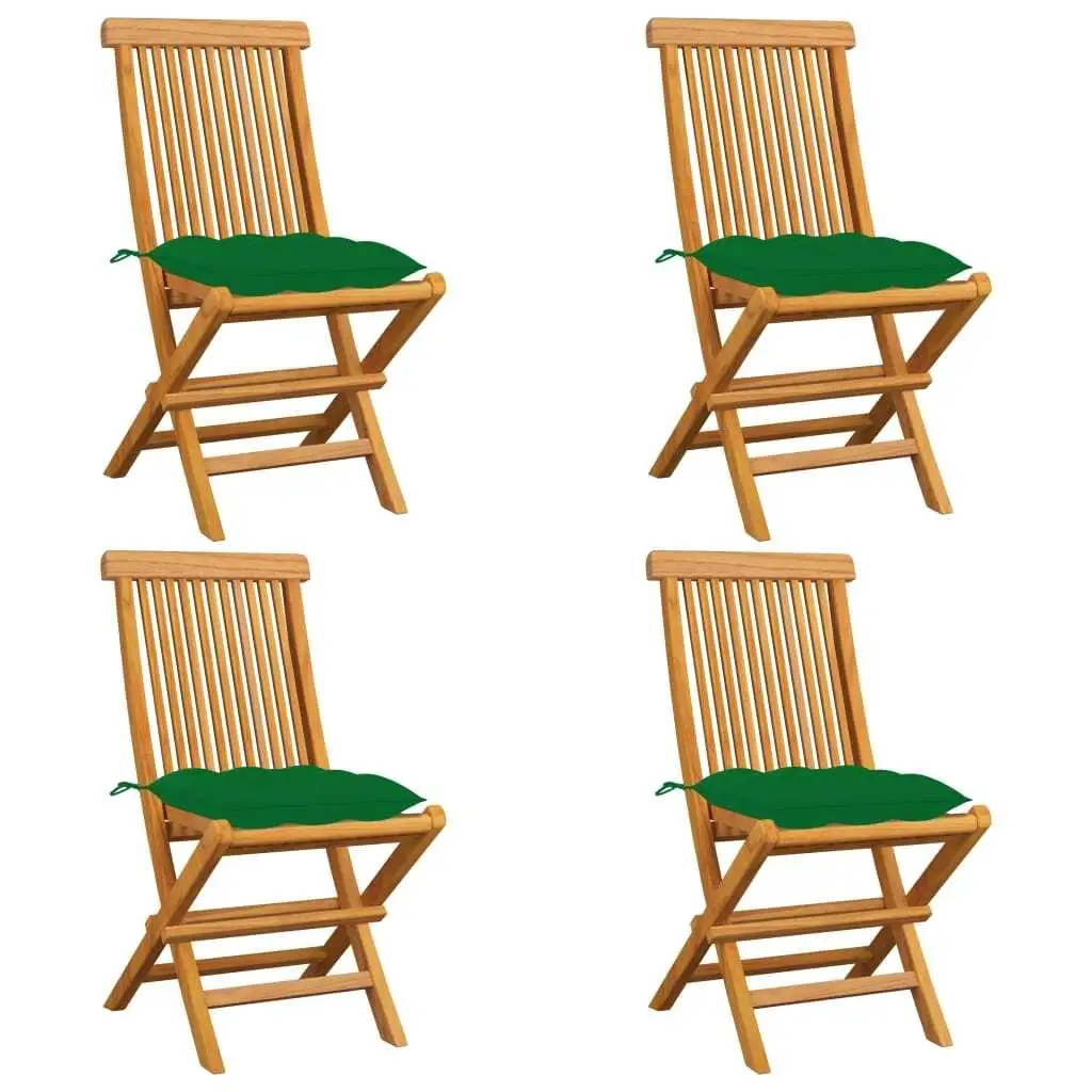 4-Piece Patio Chairs Set with Green Cushions - Solid Teak Wood Outdoor Furniture