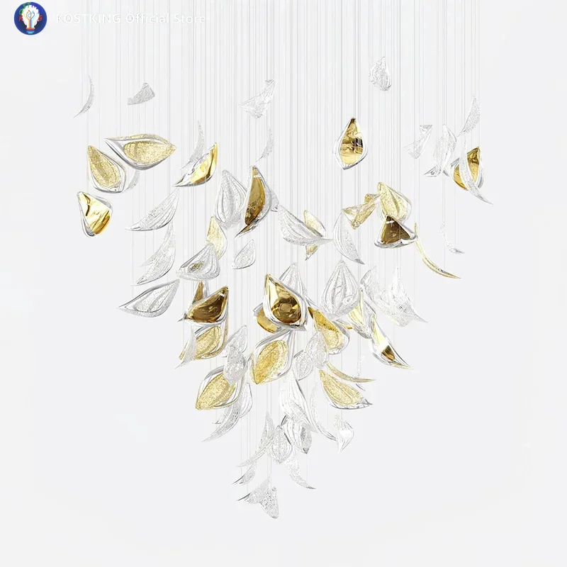 Project Custom Chandelier Powder Golden Floating Glass Leaf Art Chandelier Lightings for Hotel Villa Restaurants