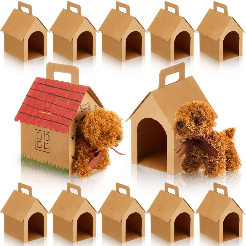 Caixas de papel em branco para lembrancinhas de festa, caixas em miniatura dobráveis em formato de casinha de cachorro com alça e furos, pequenas caixas para doces e cartões