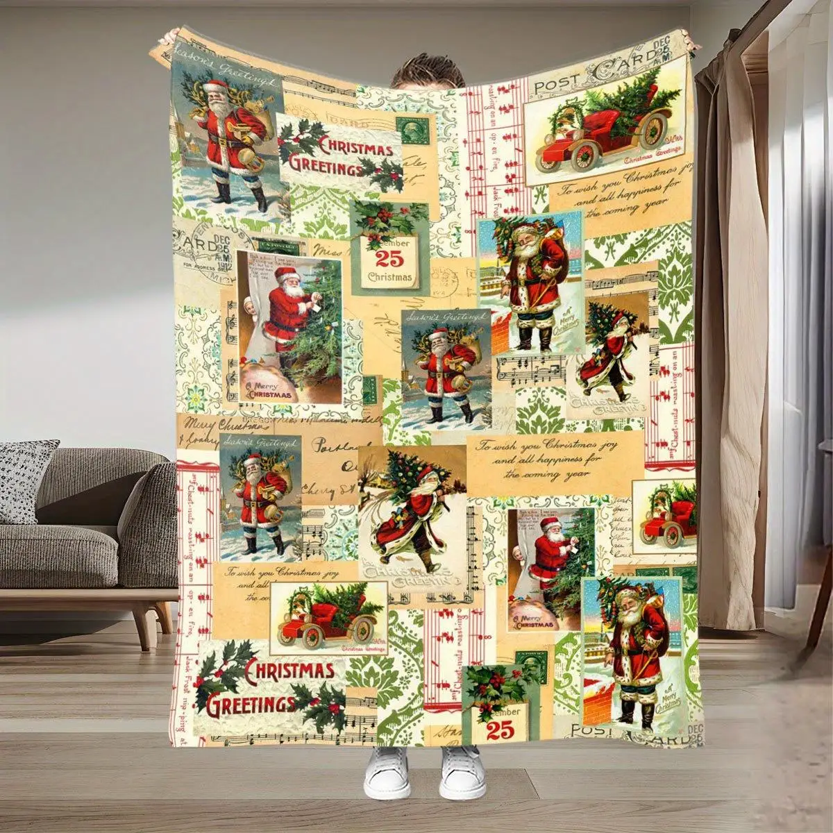 Vintage 1920s-1950s Christmas Postcard Design Flannel Blanket Heavyweight Fiber Lightweight Warm All-Season