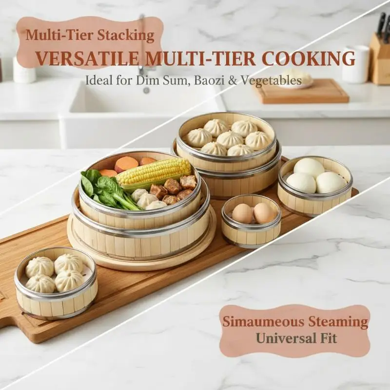 New Steel Handle Bao Buns Chinese Woven Bamboo Bamboo Lid Kitchen Gadget Steam Cooker Food Steamer Steamer Basket Bamboo Steame