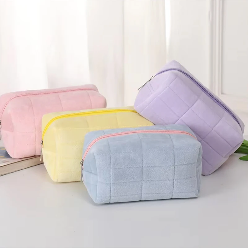 Solid Fur Cosmetic Storage Bag Large Women Zipper Makeup Organizer Handbag Stationery Pencil Case Travel Make Up Toiletry Punch
