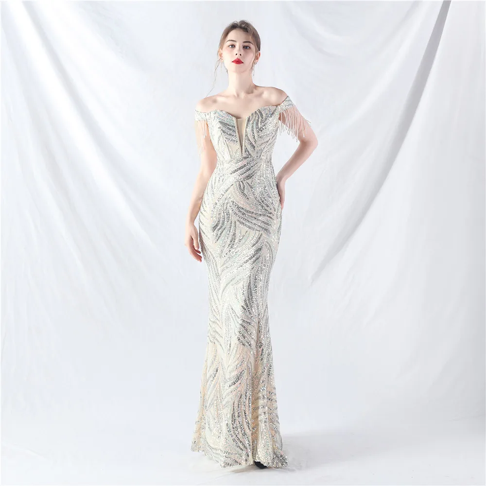 Elegant Long Silver 2024 Mermaid Evening Dress Chic Sequined Off The Shoulder Corset Back Plus Size Women Party Gowns In Stock