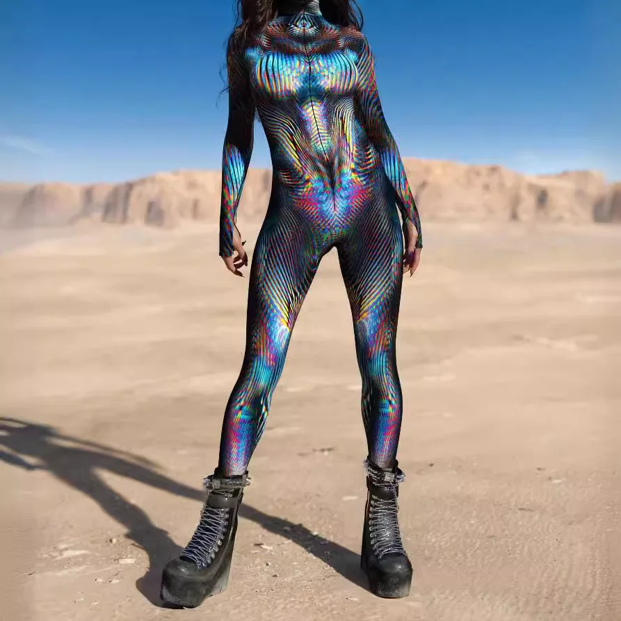 

Adult Women 3d Printing Cyberpunk Colorful Bodysuit Jumpsuit Halloween Festival Party Stage Role Playing Performance Costume Set