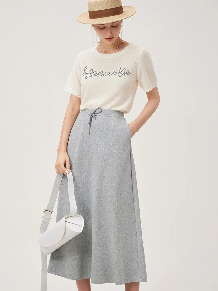 FSLE Women Summer Knitwear Blue Short Sleeve Female Round Neck Knitted T-Shirts Letter Embroidery Design Women Tees 24FS12889