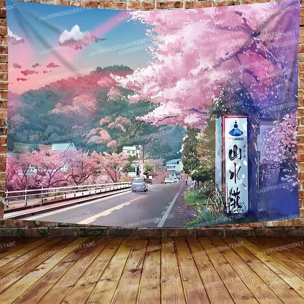 Anime Landschaft Wandteppich Japanischer Berg mit Kirschblüte Home Wandteppich Wandteppiche Sakura Dorf Ästhetische Kunst Wandteppich