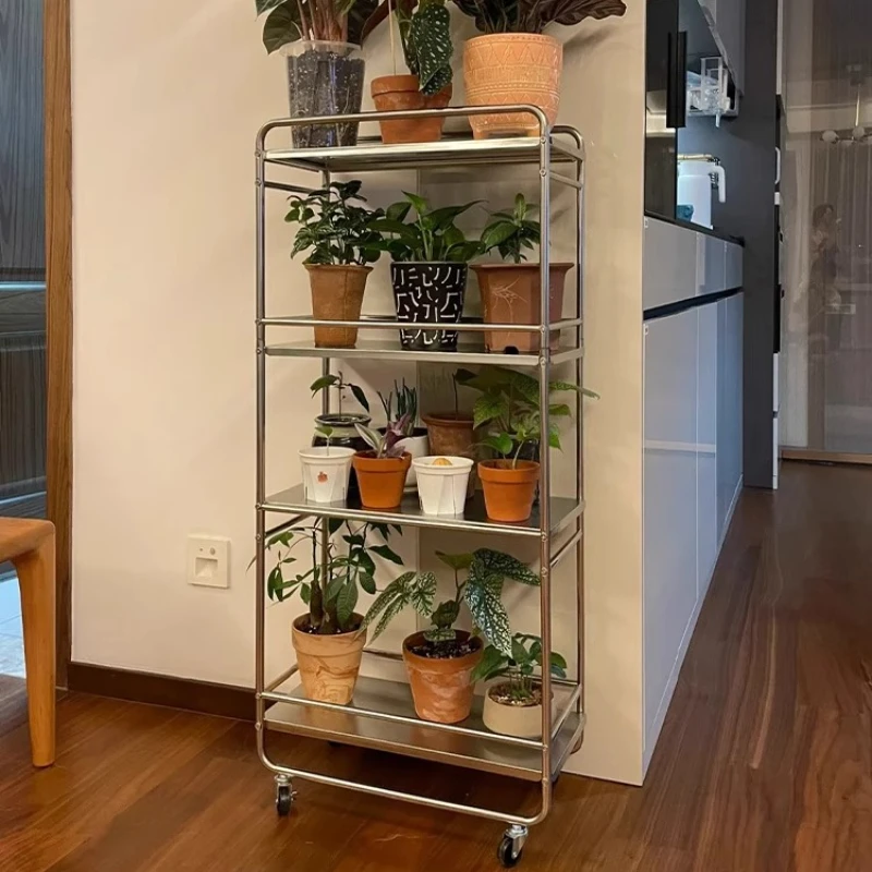 Stainless Steel Storage Cart Multi-Tier Mobile Organizer for Living Room Industrial Style Plant Rack Space-Saving Storage Shelf
