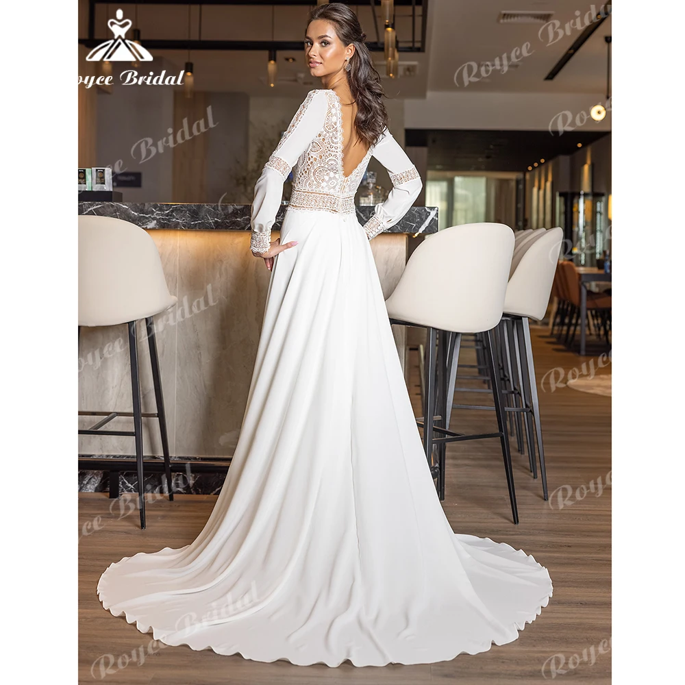 Delicate Boho Long Sleeve O-Neck Wedding Dress Cut-Out Open Back A-Line Sweep Train Bride Dress Vestido Femininos Customized