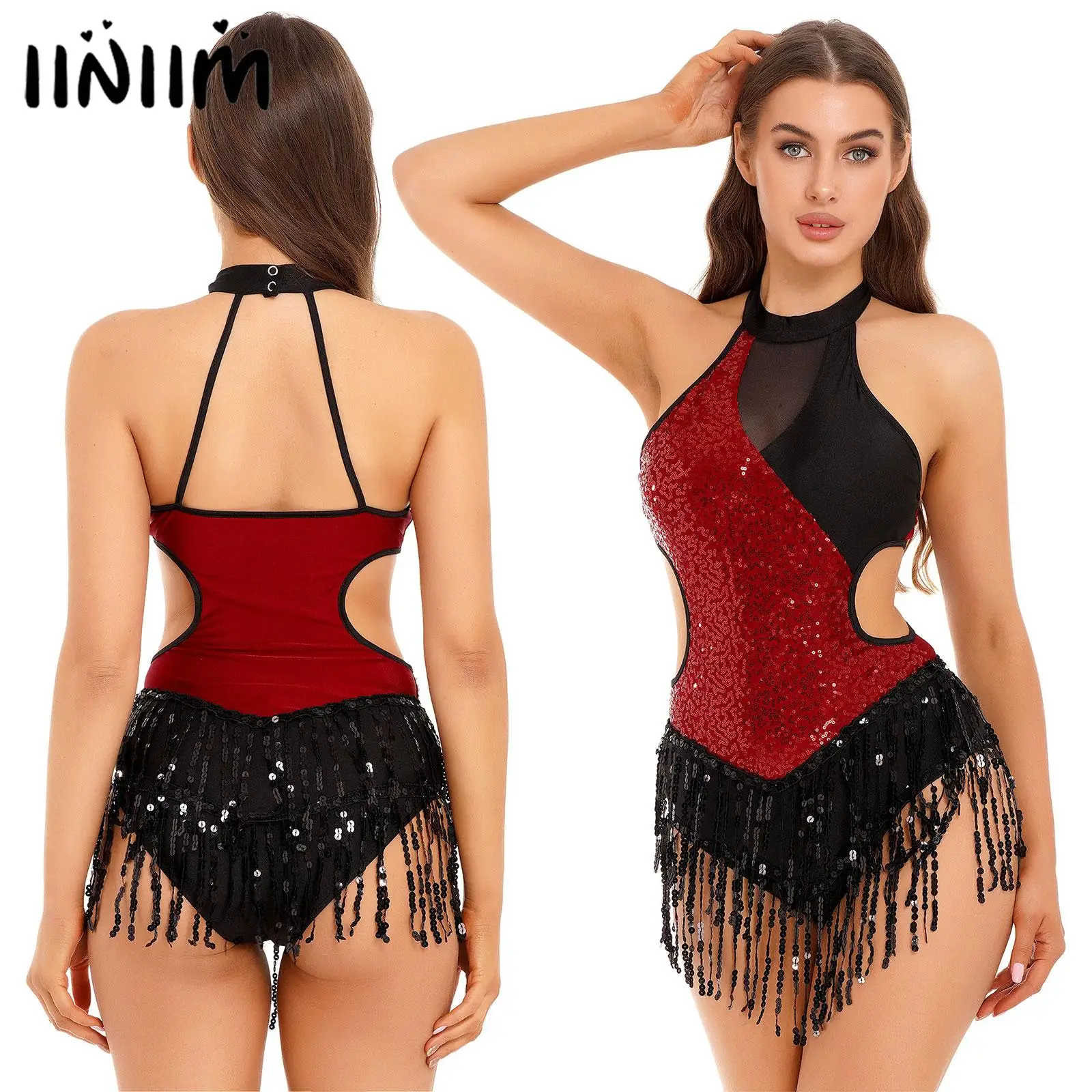 

Women Latin Dance Dress Sequin Fringed Bodysuit Ballroom Competition Tango Cha Cha Rumba Leotard Dresses Performance Costumes