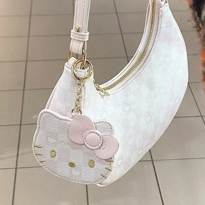  PU Leather Handbags Hello Kitty Purses Luxury Designer Tote Mini Size Underarm Bag Kawaii with Pendant and Zipper
