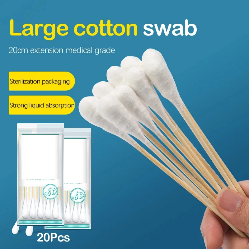 

20 шт./упак., 20 см, ватные тампоны для макияжа, удлиненная деревянная ручка, аппликатор, стерильный ватный тампон, экологически чистый