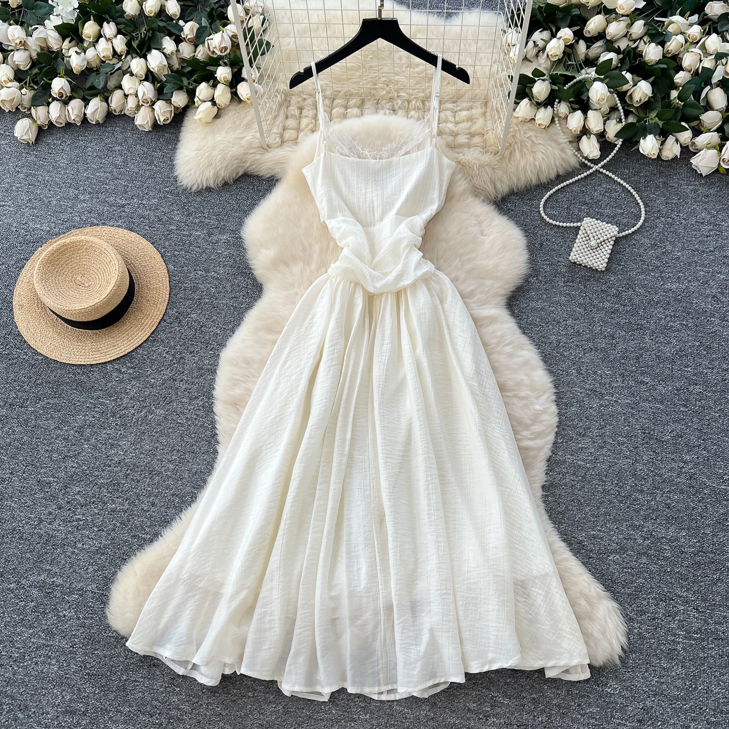 Chic vintage in pizzo impiombato sottile Elegante fata moda coreana Boho Prendisole abbigliamento donna Abito lungo