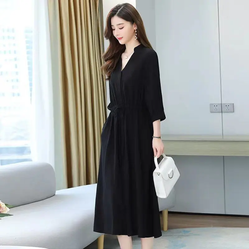 Temperament Dress Spring and Autumn New Korean Edition Waist Loose and Slimming Solid Color Age Reducing Skirt