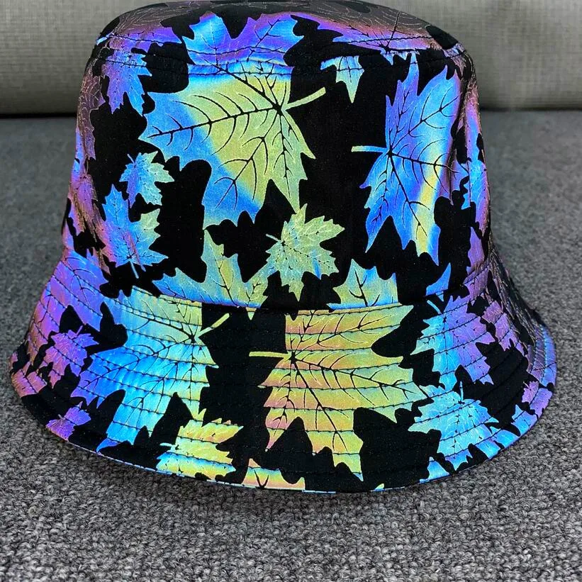 Colorful maple reflective fisherman hat for men and women personality hip hop luminous bucket hats outdoor sun protection visor