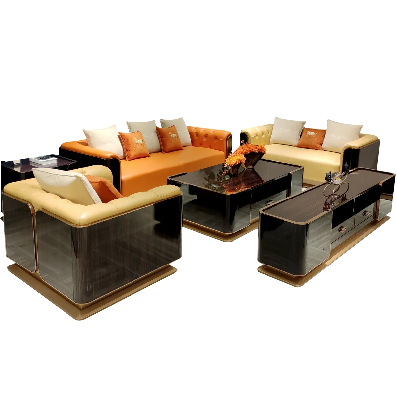 Luxury Piano Lacquer Genuine Leather Sofa Set, Modern Chesterfield Tufted 3-Seater Sofa with Armchair, Gold Stainless Steel Base