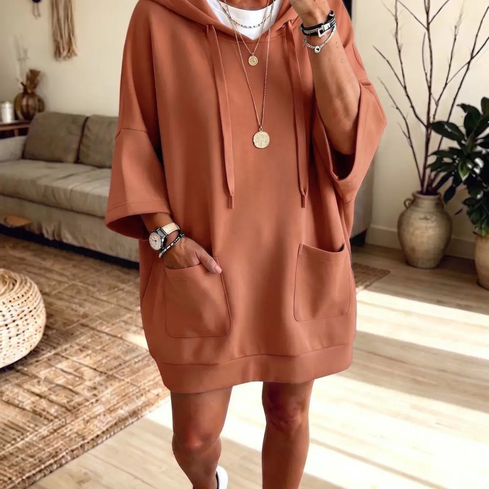 Ladies Autumn Winter Hooded Sweatshirt Dress Casual Loose Pullover Batwing Sleeve Solid Color Pockets Comfortable Clothes