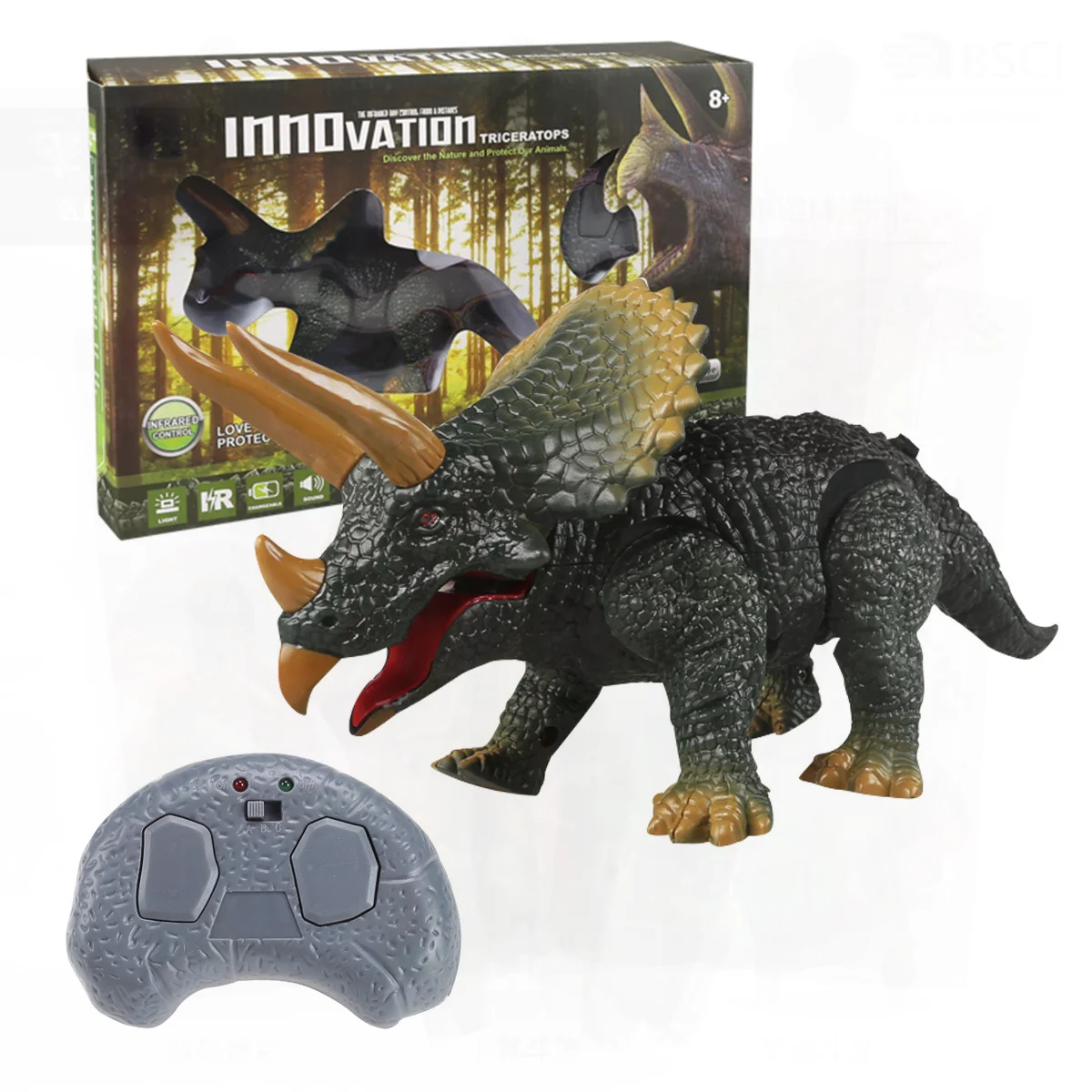 Brinquedo triceratops de dinossauro com controle remoto infravermelho, modelo animal de truque de lagarto simulado elétrico para todos os usuários, embalagem de caixa colorida