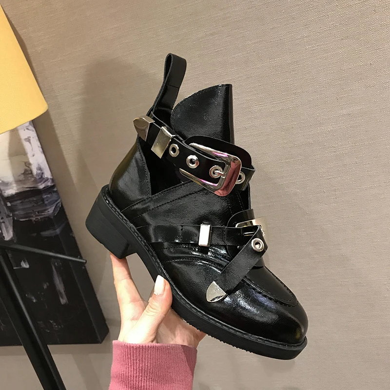 Metal Belt Buckle Ankle Boots Black Leather Zapatos Mujeres Thick Bottom Ladies Bota Feminina Hollow Out Women Shoes 2024