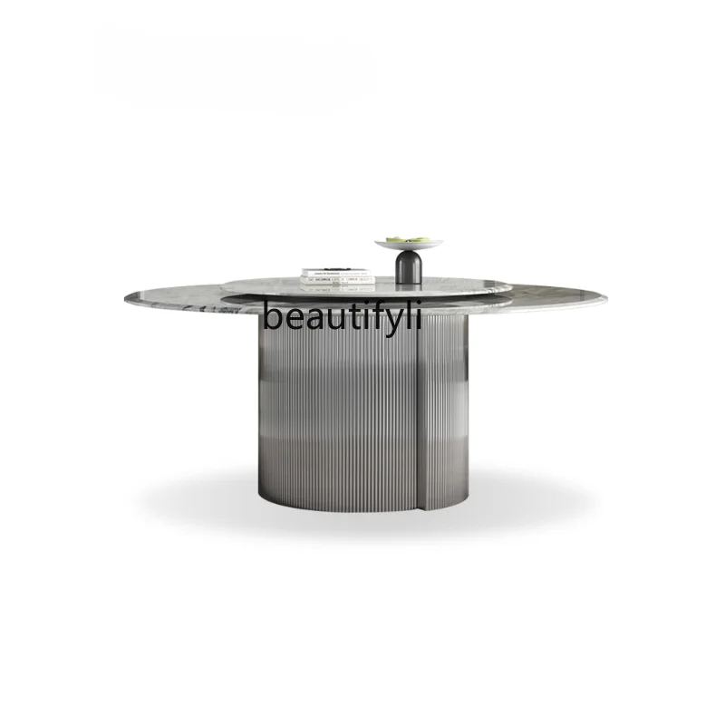 

Light Luxury Natural Marble Dining-Table Luxury Stone Italian Villa round Table Household Minimalist Modern Dining Table