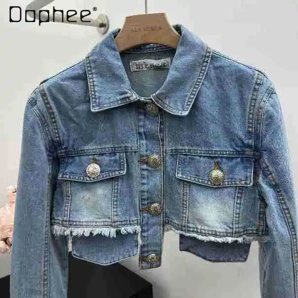 American Street Old Washed Denim Jacket Punk Style Retro Irregular Pocket Rough Edge Short Coat Sweet Cool Girl Jean Jacket