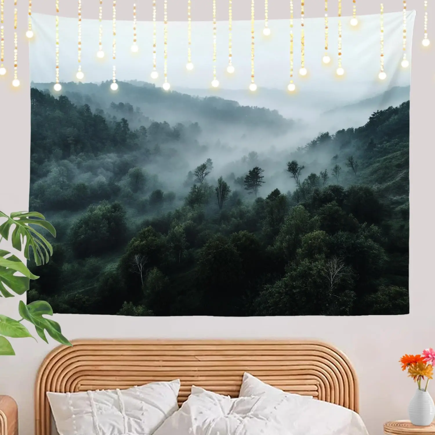 Large Forest Landscape Tapestry Wall Hanging Decor Misty Mountain Nature Art Polyester Material for Home Living Room Accent