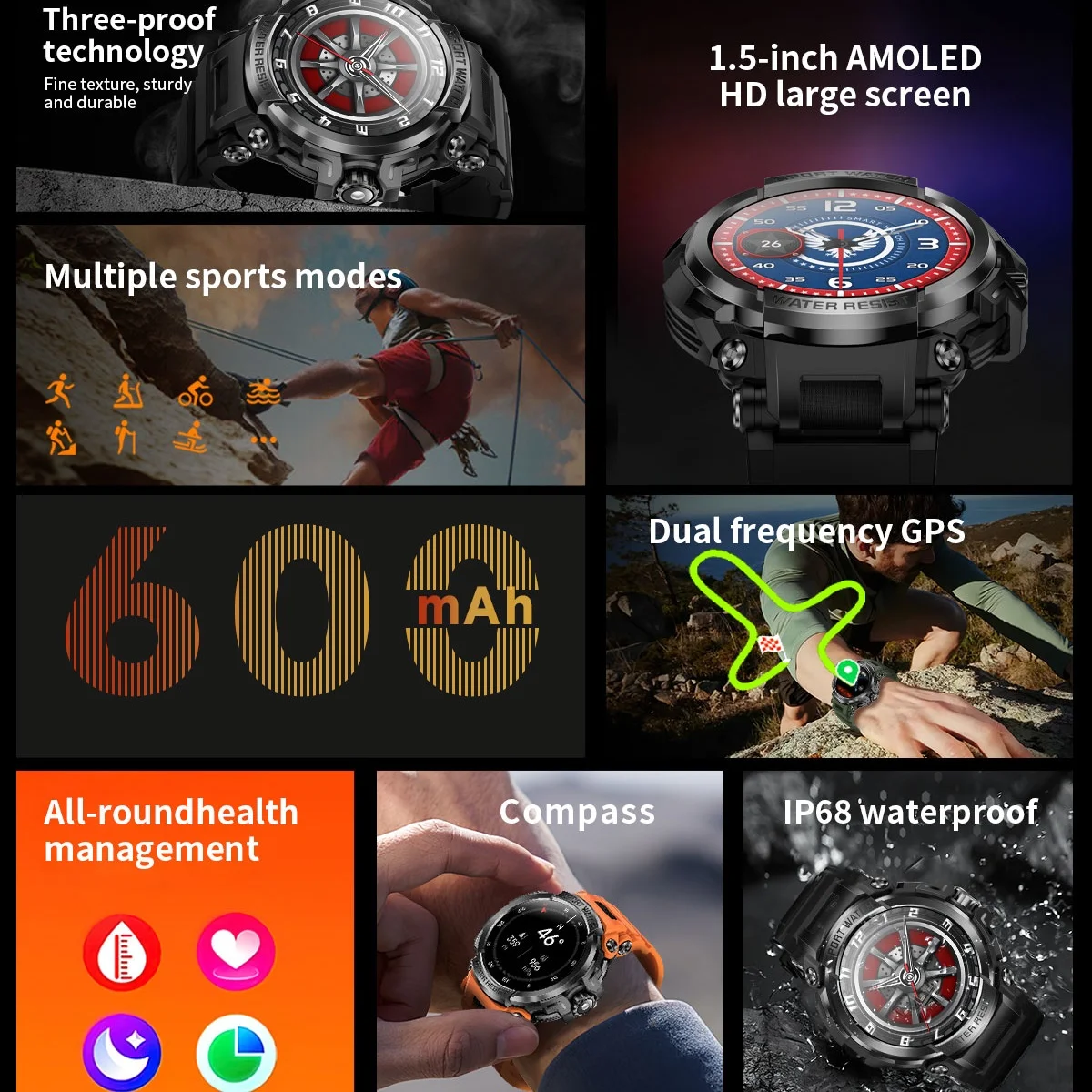 VWAR ARMOR GPS Smart Watch voor heren Sync Strava & Apple Health Ingebouwde zaklamp Kompas Barometrische hoogtemeter AMOLED Smartwatch