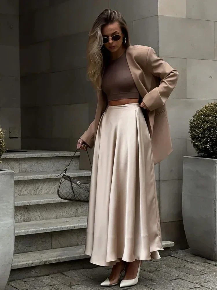Autumn Solid Color Satin Silk Long Skirts for Women Fashion 2026 Elegant Women's Skirt Lady Khaki White High Waist Skirt Women