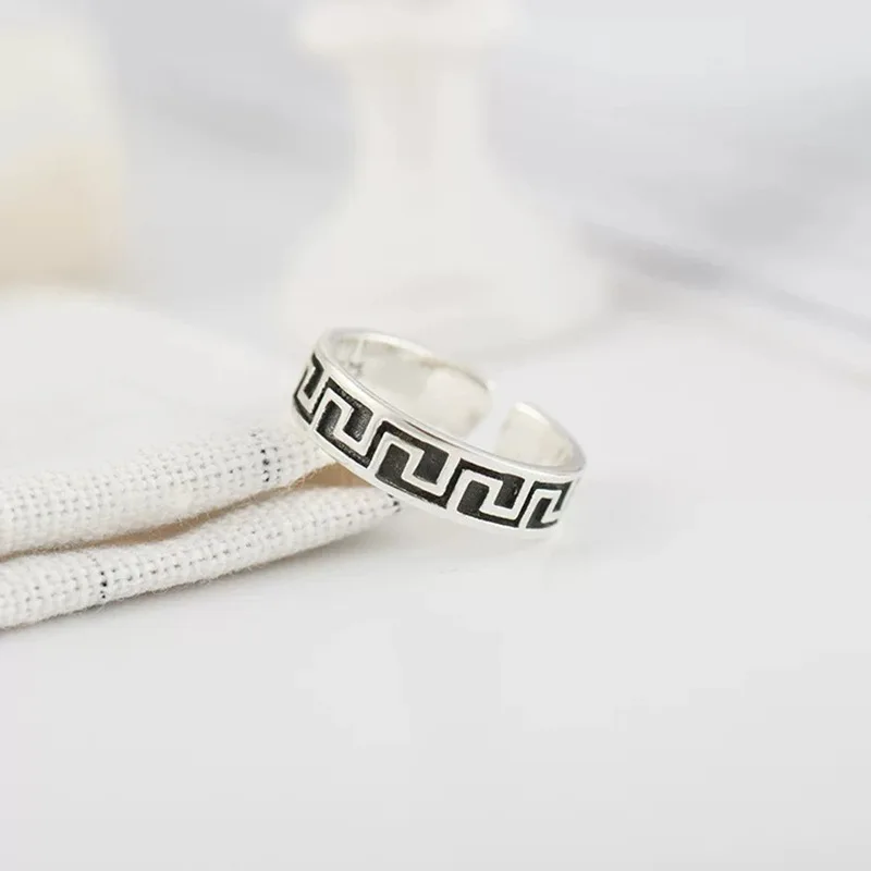 Silver color, fashionable retro vintage, geometric engraving, adjustable ring, men's and women's jewelry