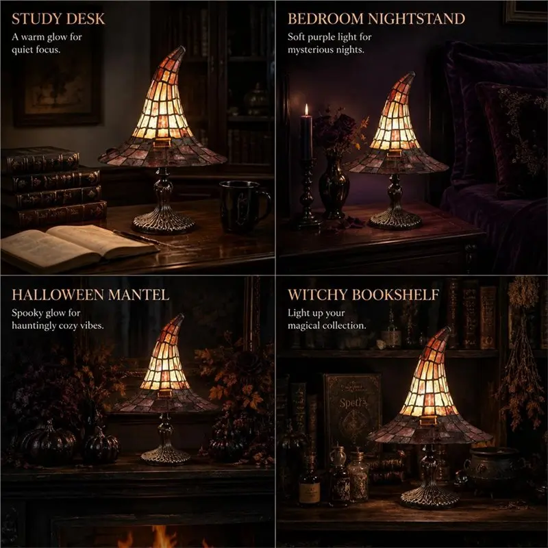 Stained Glass Style Night Light Gothic Accent Lamp Witch Hat Lamp For Bedroom Bookshelf Witchy Room Aesthetic Table Decor