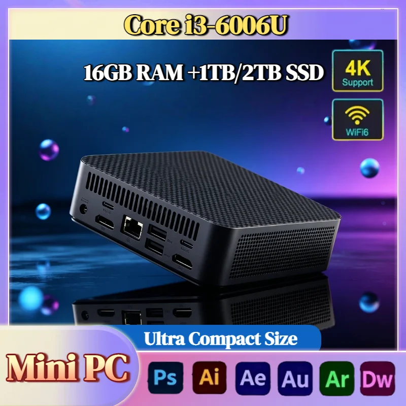 

Intel Core i3 6006U Portable Mini PC 16GB DDR4 M.2 NVMe SSD Triple 4K WiFi6 Silent Cooling Office Home Desktop 2026 Pro