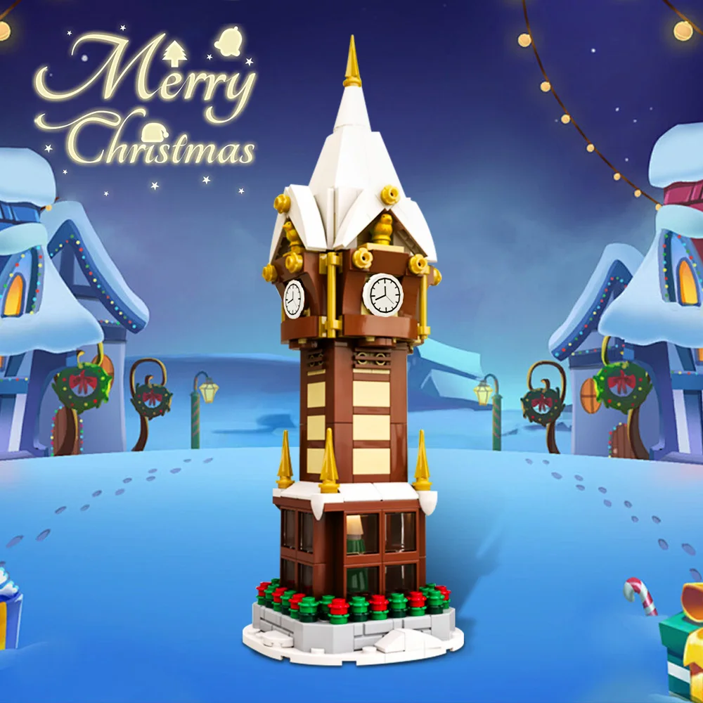 

MOC Christmas Street Clock Winter Village Advent Calendar Building Blocks City Winter Scenery Architecture Model Bricks Kid Toy