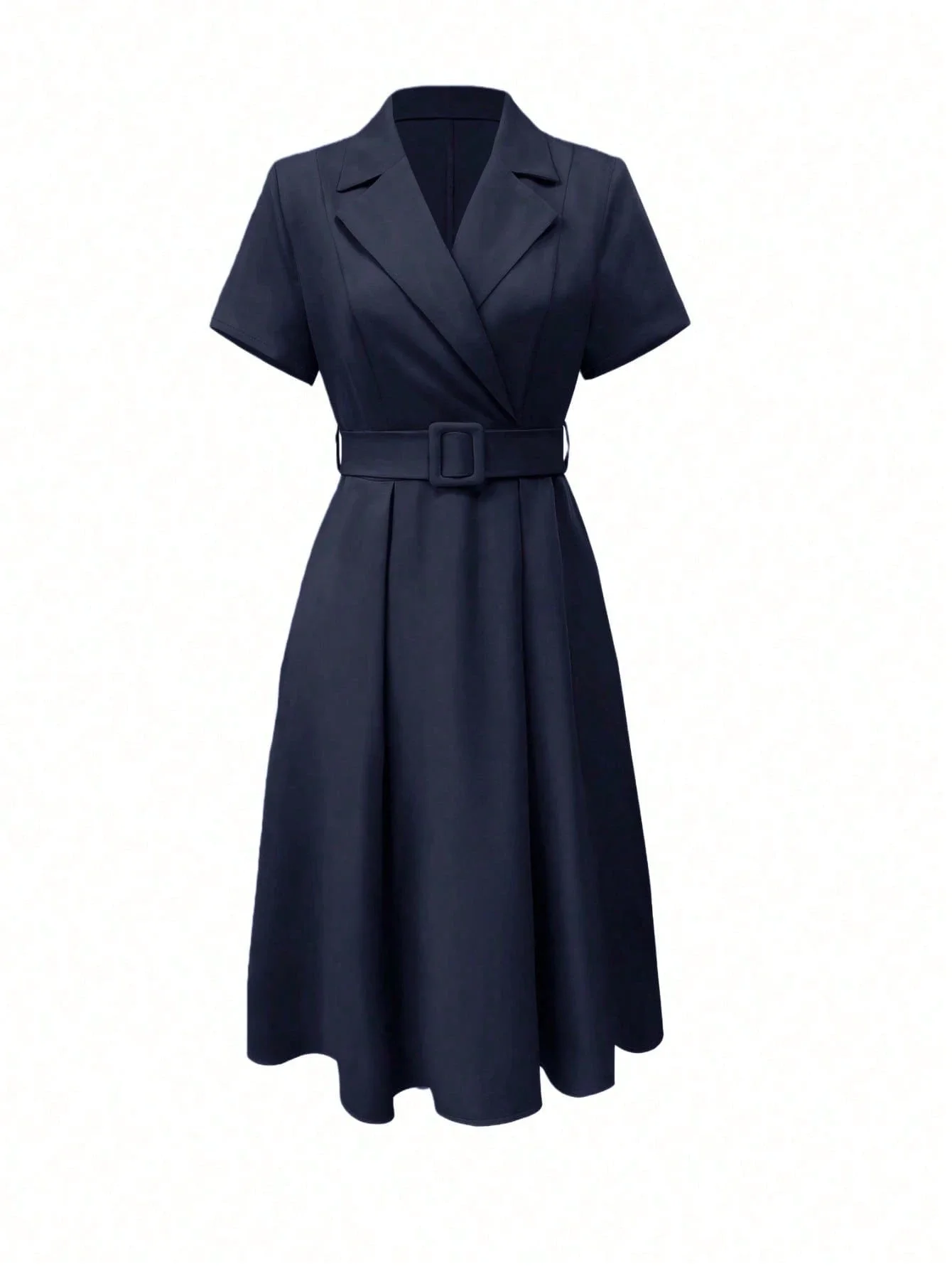 Blue Short Sleeve Wrap Dress With Notched Collar, Belted Waist, A-Line Silhouette For Office, Wedding, Graduation