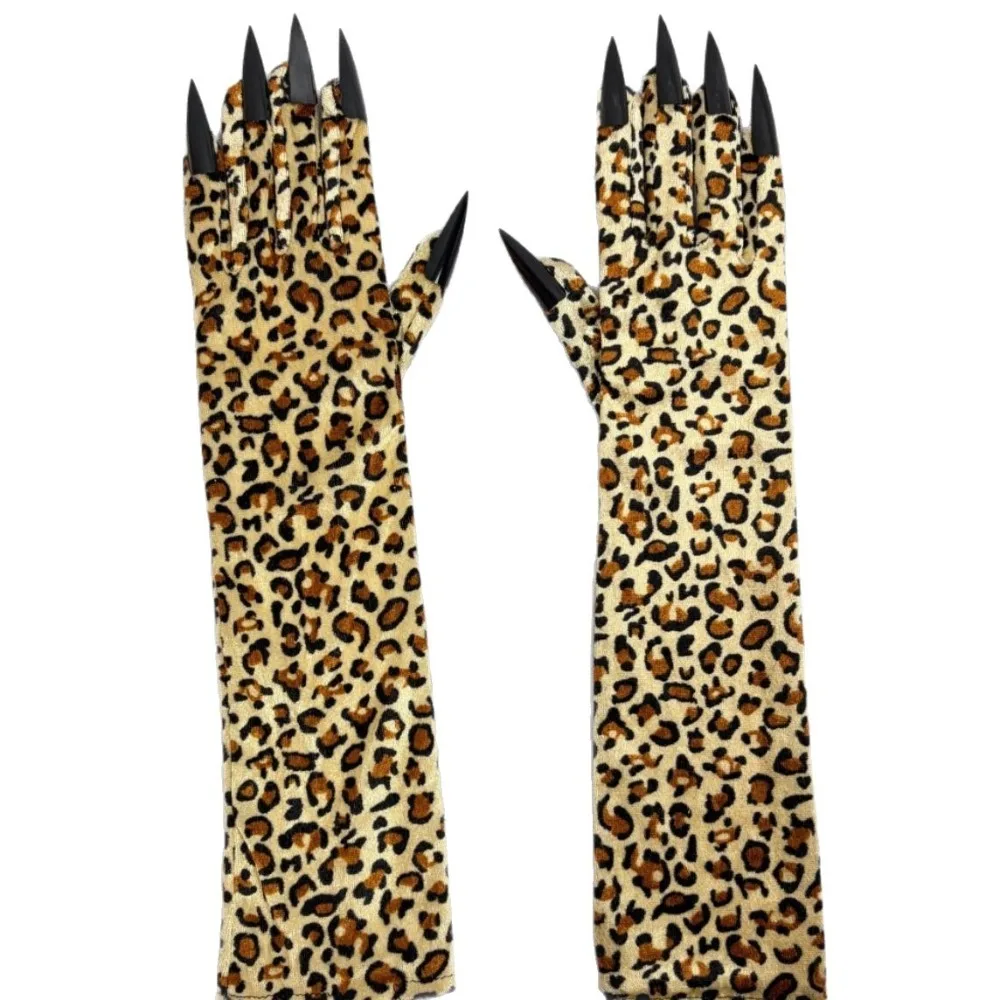 Funny Long Sleeve Leopard Pattern Gloves Stretchy Personality Ghost Claw Mittens Creative Stretch Nail Gloves Festival