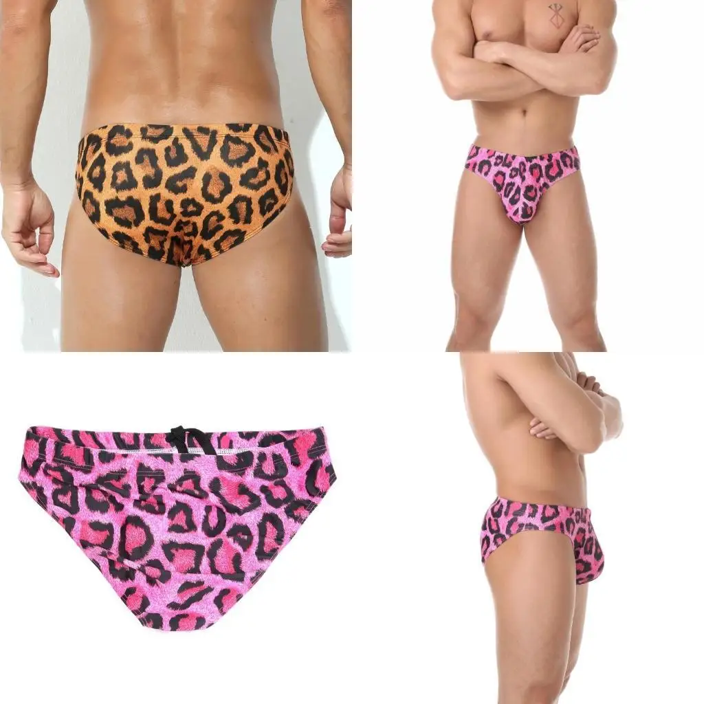 

652F Men Swim Briefs Low Rise Briefs Underwears Breathable Drawstring Underpants Leopards Print Swimming Briefs Men Swimsuit